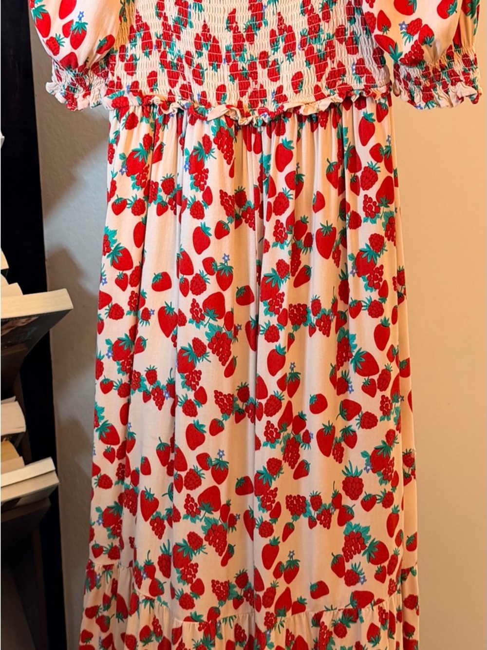 Betsey Johnson Flowy Strawberry & Raspberry Print Smocked Maxi Dress, Size S - Picture 3 of 12